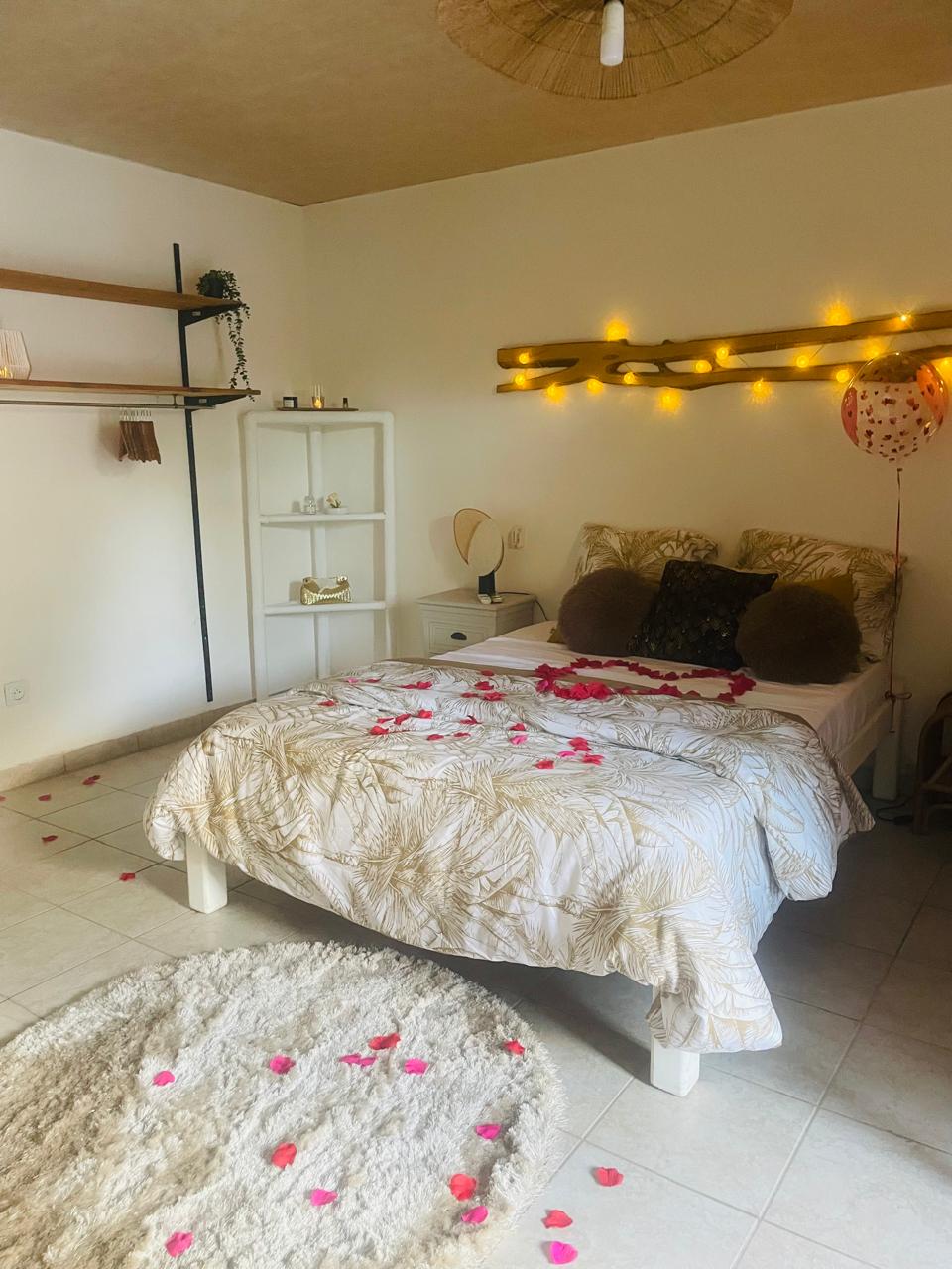 Chambre mariage avec fauteuil suspendu et pétales rouges