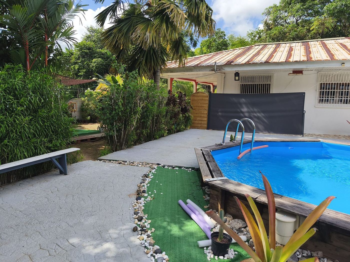 Piscine et palmier sous le ciel de Guyane
